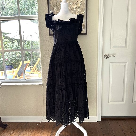 Zara Black Eyelet Tiered Off Shoulder Dress - Picture 1 of 8